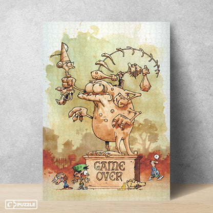 Puzzle Kid Paddle – Game Over – 1000 pièces – 48 x 68 cm – Poster inclus. Illustration humoristique issue de la BD Kid Paddle avec références au jeu vidéo. Puzzle collector officiel.