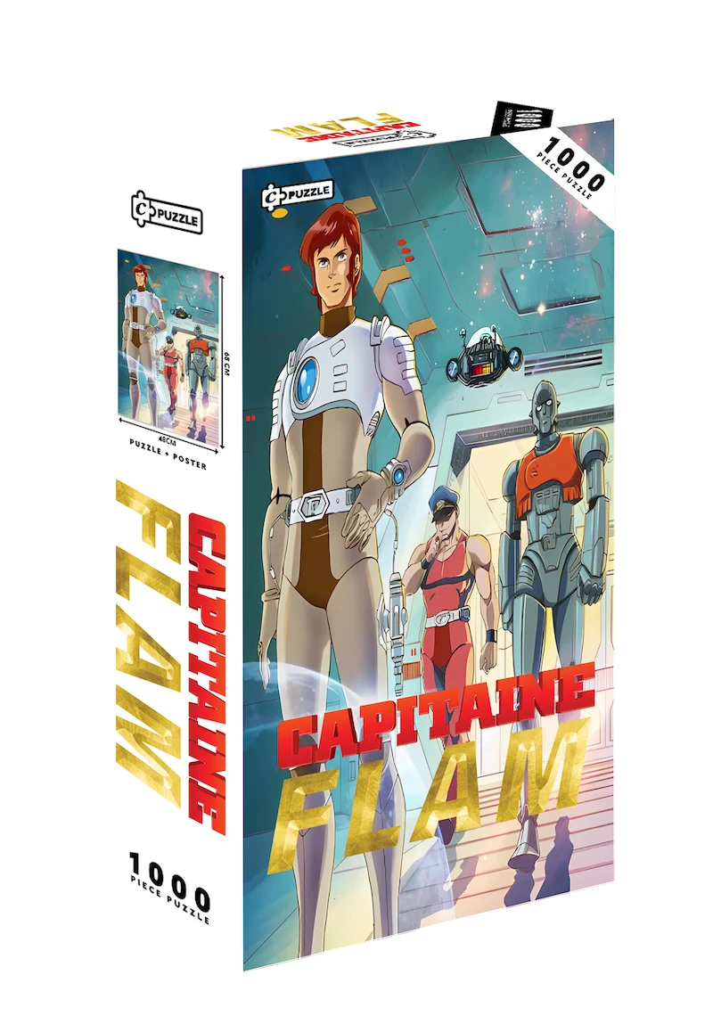 Puzzle Capitaine Flam – 1000 pièces – 48 x 68 cm – Poster inclus. Illustration du Capitaine Flam avec Mala et Crag dans un décor spatial rétro-futuriste. Puzzle collector idéal pour les fans de la série.
