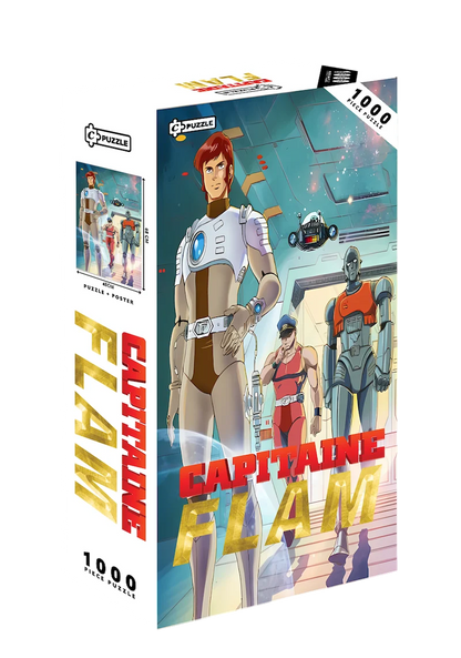 Puzzle Capitaine Flam – 1000 pièces – 48 x 68 cm – Poster inclus. Illustration du Capitaine Flam avec Mala et Crag dans un décor spatial rétro-futuriste. Puzzle collector idéal pour les fans de la série.