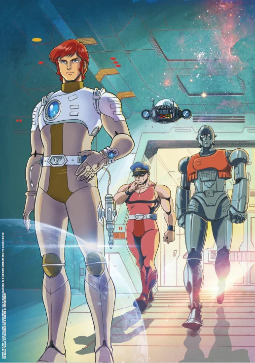 Puzzle Capitaine Flam – 1000 pièces – 48 x 68 cm – Poster inclus. Illustration du Capitaine Flam avec Mala et Crag dans un décor spatial rétro-futuriste. Puzzle collector idéal pour les fans de la série.