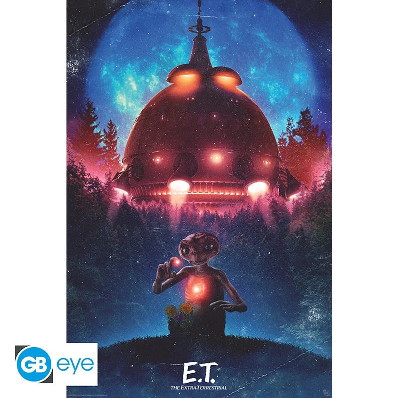 Poster E.T. – Vaisseau – 91 x 61 cm. Illustration d’E.T. debout face à son vaisseau spatial sous un ciel étoilé aux couleurs cosmiques.