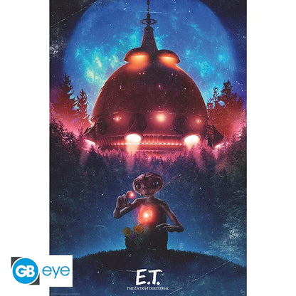 Poster E.T. – Vaisseau – 91 x 61 cm. Illustration d’E.T. debout face à son vaisseau spatial sous un ciel étoilé aux couleurs cosmiques.