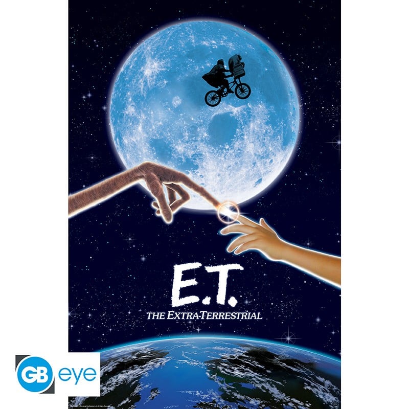 Poster E.T. – The Extra-Terrestrial – 91 x 61 cm. Iconique illustration des doigts d’E.T. et d’Elliott se touchant devant une immense lune bleutée.
