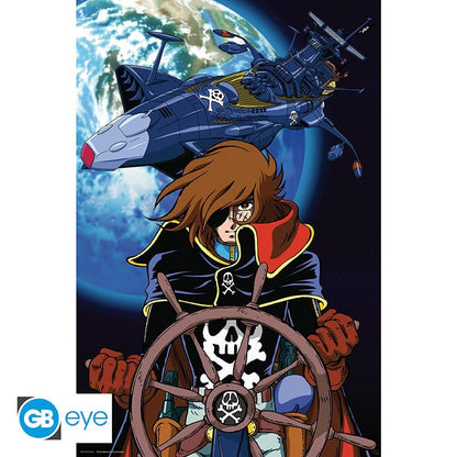 Poster Albator – 91 x 61 cm. Le capitaine Albator au gouvernail de l’Arcadia avec la Terre en arrière-plan. Illustration spatiale emblématique signée GB Eye.