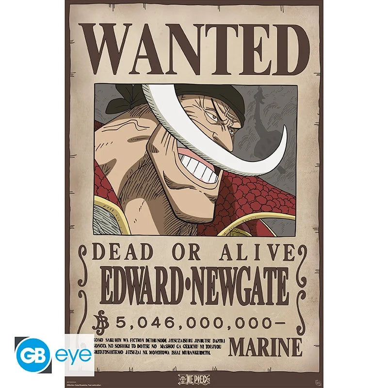 Poster One Piece – Wanted Barbe Blanche – 91 x 61 cm. Prime d’Edward Newgate de 5 046 000 000 berries sur une affiche recherchée au style vintage.
