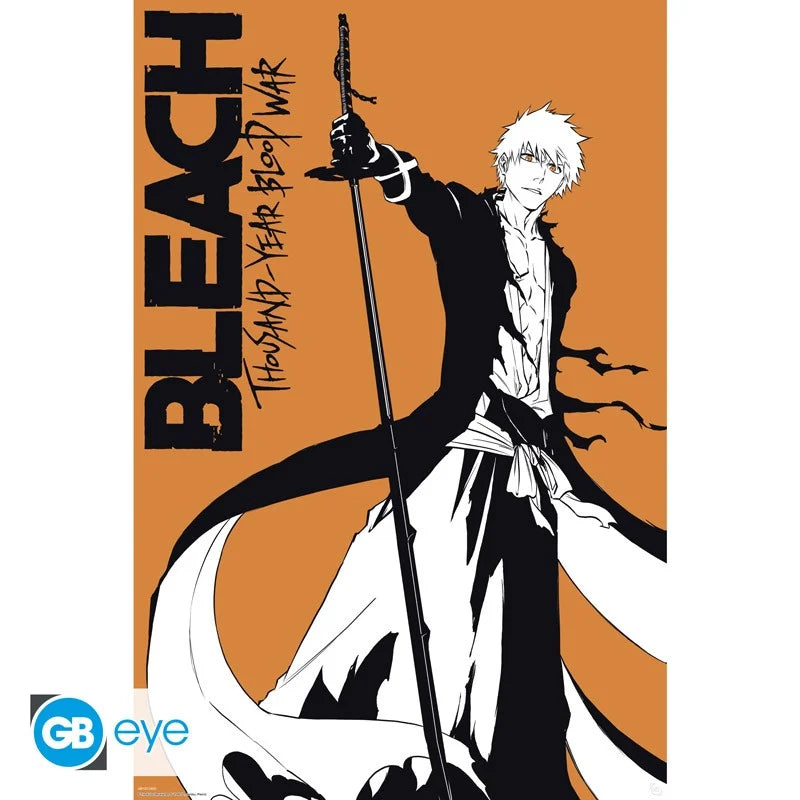 Poster Bleach – Ichigo – Thousand-Year Blood War – 91 x 61 cm. Illustration stylisée d’Ichigo en noir, blanc et orange dans une pose de combat.