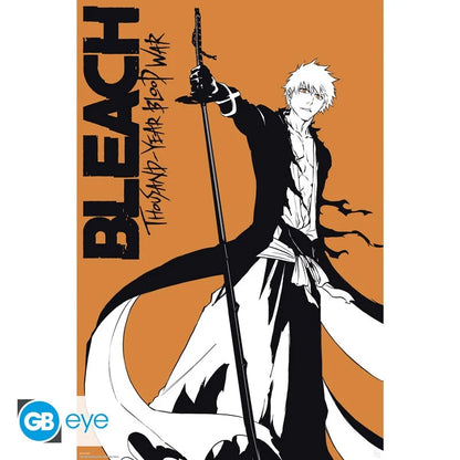 Poster Bleach – Ichigo – Thousand-Year Blood War – 91 x 61 cm. Illustration stylisée d’Ichigo en noir, blanc et orange dans une pose de combat.