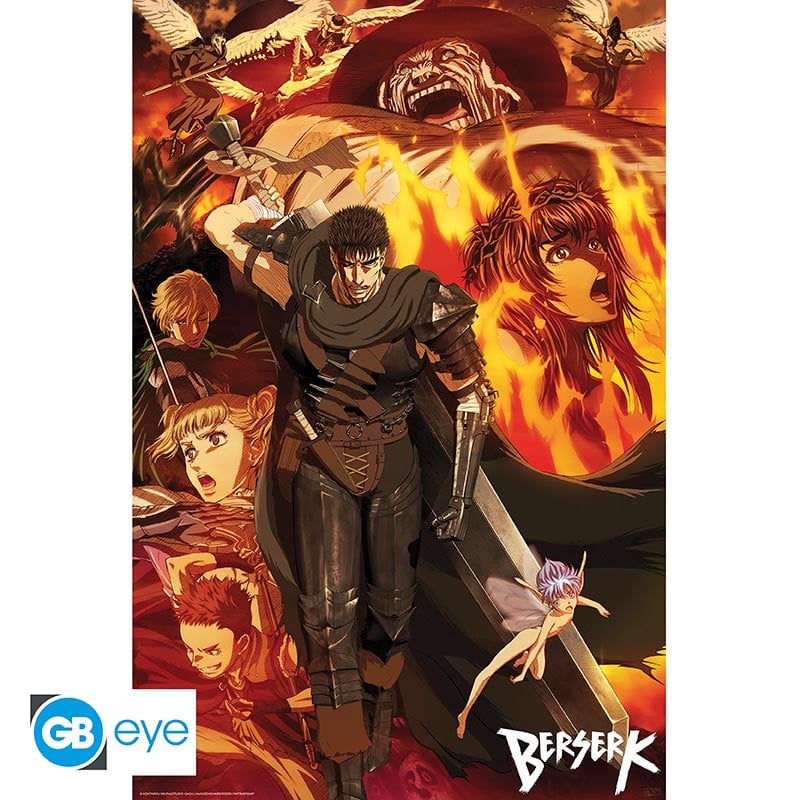 Poster Berserk – Groupe – 91 x 61 cm – GB Eye. Illustration de Guts avancant avec son épée au milieu des flammes et des personnages clés de la saga. Un visuel sombre et intense idéal pour les fans de Berserk.