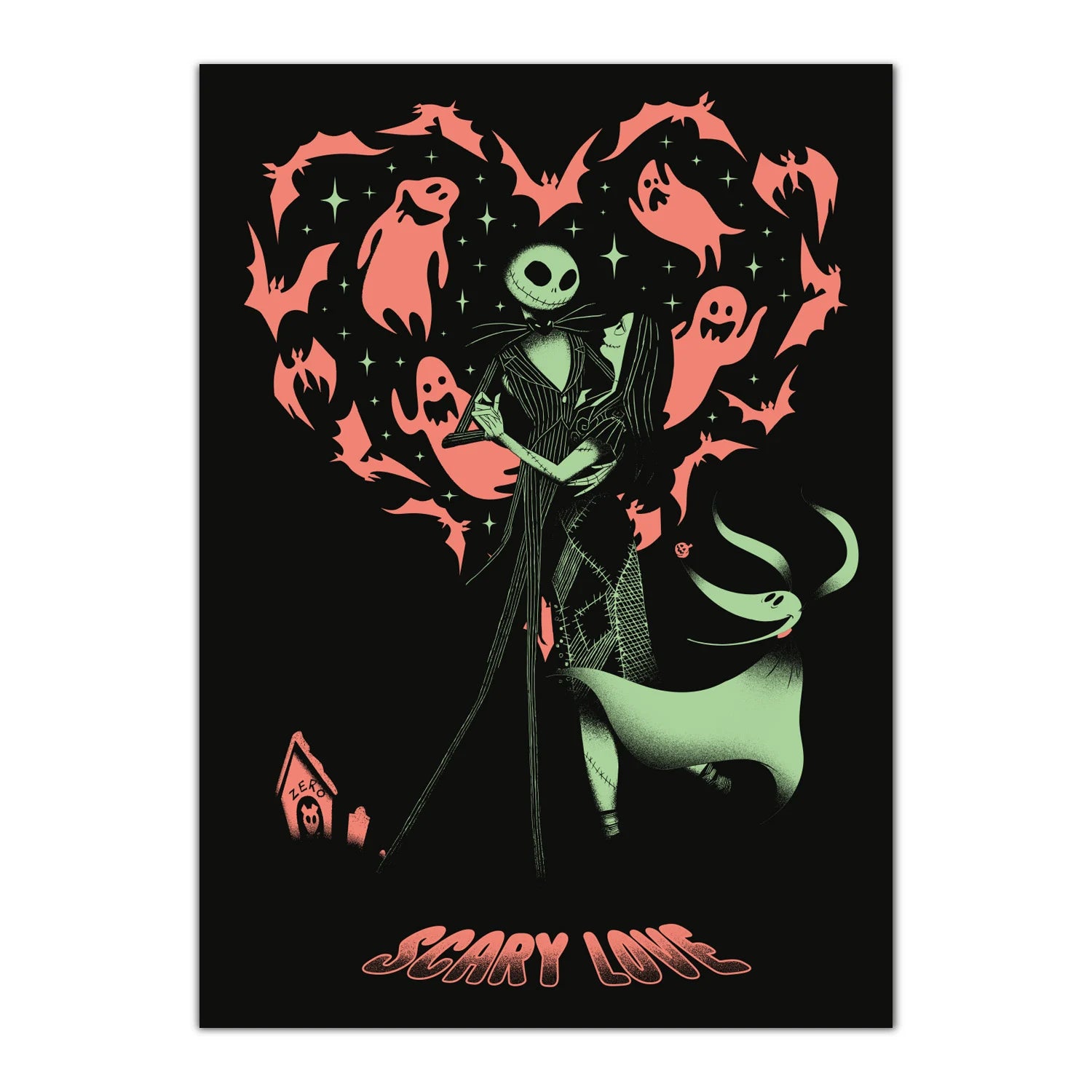 Poster L’Étrange Noël de Mr Jack – phosphorescent – 50 x 70 cm. Illustration de Jack et Sally entourés de fantômes formant un cœur, motif lumineux dans l’obscurité.