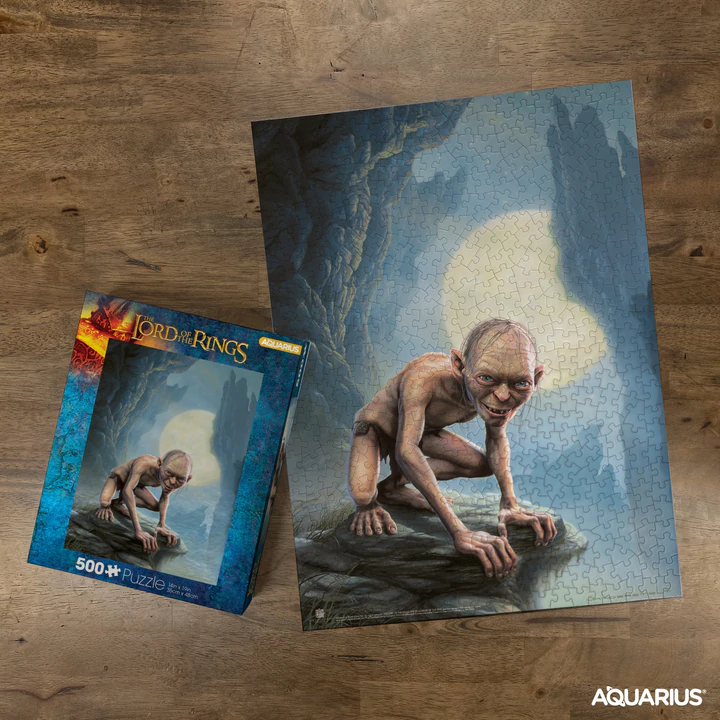 Puzzle Le Seigneur des Anneaux – Gollum – 500 pièces – 35 x 48 cm – Aquarius. Portrait sombre de Gollum sous la lumière de la lune, inspiré de la saga culte de Tolkien. Un puzzle collector pour les fans de fantasy.