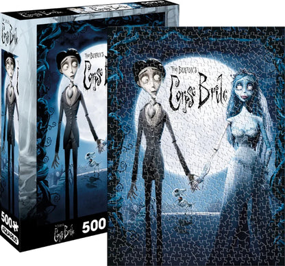 Puzzle Les Noces Funèbres – 500 pièces – 35 x 48 cm – Illustration de Victor et Emily sous la lune dans le style gothique de Tim Burton. Puzzle collector sous licence officielle.
