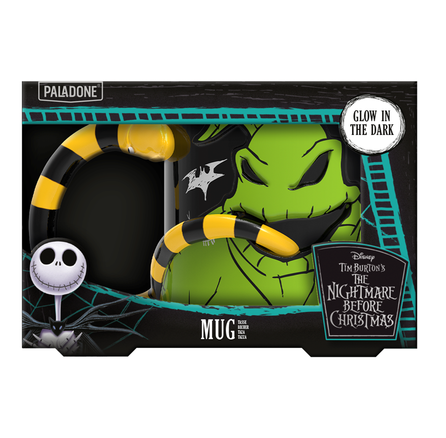 Mug 3D Oogie Boogie – L’Étrange Noël de Monsieur Jack – 300 ml – Officiel. Mug en céramique sculpté avec poignée en serpent et effet Glow in the Dark. Un must-have pour les fans de Tim Burton et Disney.