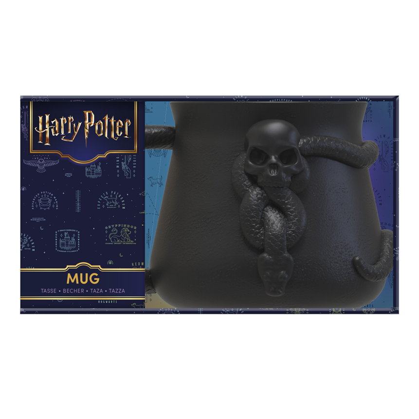 Mug Harry Potter – Marque des Ténèbres – 330 ml. Mug 3D noir en forme de chaudron avec crâne et serpent sculptés, inspiré du symbole des Mangemorts.