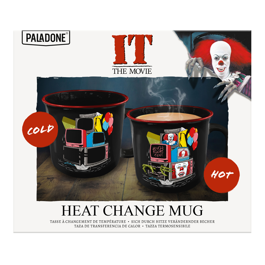 Mug IT – Thermoréactif – 350 ml – Paladone. Mug noir illustré avec écrans et ballons, révélant Pennywise et des détails horrifiques lorsqu’il est chaud. Un mug terrifiant parfait pour les fans du film Ça.
