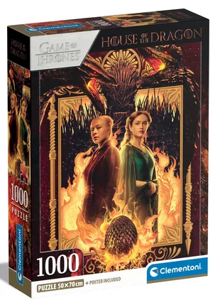 Puzzle House of the Dragon – Rhaenyra et Alicent – 1000 pièces – 50 x 70 cm – Clementoni. Illustration avec Rhaenyra Targaryen et Alicent Hightower séparées par les flammes, deux dragons rugissants et un œuf Targaryen en feu. Un puzzle collector épique pour les fans de Game of Thrones.