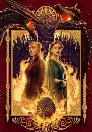 Puzzle House of the Dragon – Rhaenyra et Alicent – 1000 pièces – 50 x 70 cm – Clementoni. Illustration avec Rhaenyra Targaryen et Alicent Hightower séparées par les flammes, deux dragons rugissants et un œuf Targaryen en feu. Un puzzle collector épique pour les fans de Game of Thrones.