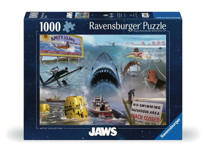 Puzzle Les Dents de la Mer – Jaws – 1000 pièces – 70 x 50 cm – Ravensburger. Illustration avec le grand requin blanc, l’île Amity, le bateau Orca et les scènes cultes du film. Un puzzle collector parfait pour les fans de cinéma et de suspense.