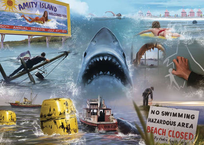 Puzzle Les Dents de la Mer – Jaws – 1000 pièces – 70 x 50 cm – Ravensburger. Illustration avec le grand requin blanc, l’île Amity, le bateau Orca et les scènes cultes du film. Un puzzle collector parfait pour les fans de cinéma et de suspense.