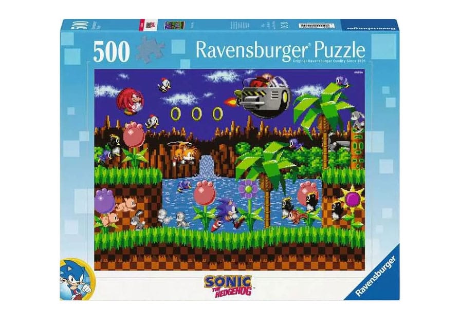 Puzzle Sonic the Hedgehog – Classic Sonic – 500 pièces – 49 x 36 cm – Ravensburger. Sonic, Tails et Knuckles dans une scène rétro pixel art avec Dr. Eggman. Un puzzle collector idéal pour les fans de Sega.