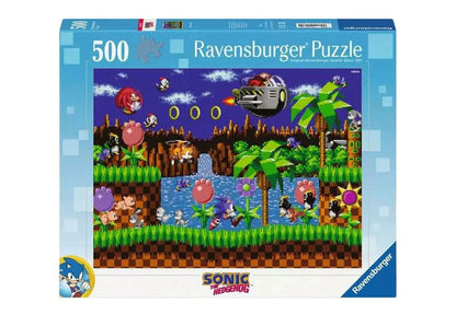Puzzle Sonic the Hedgehog – Classic Sonic – 500 pièces – 49 x 36 cm – Ravensburger. Sonic, Tails et Knuckles dans une scène rétro pixel art avec Dr. Eggman. Un puzzle collector idéal pour les fans de Sega.