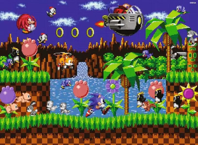 Puzzle Sonic the Hedgehog – Classic Sonic – 500 pièces – 49 x 36 cm – Ravensburger. Sonic, Tails et Knuckles dans une scène rétro pixel art avec Dr. Eggman. Un puzzle collector idéal pour les fans de Sega.