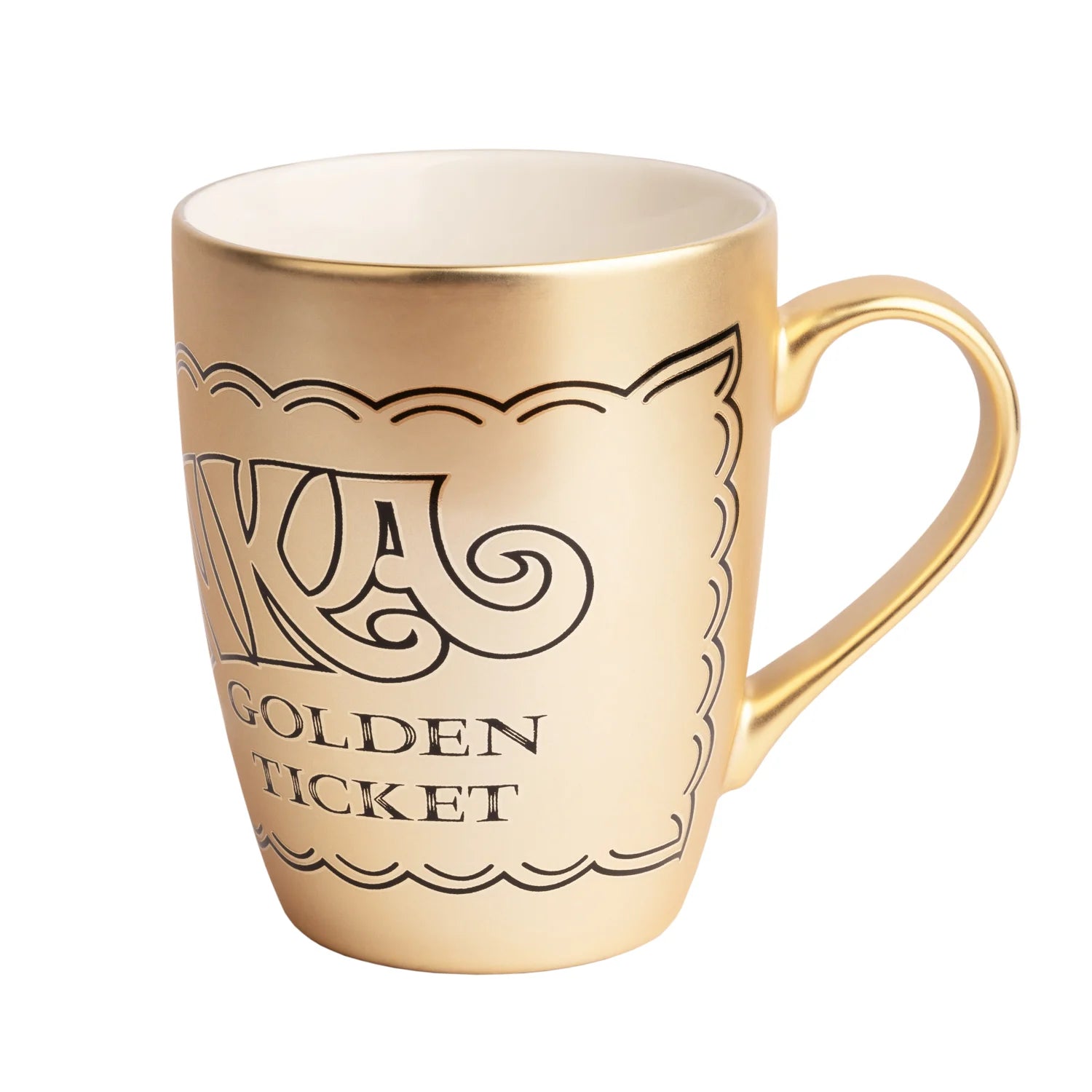 Mug Willy Wonka Golden Ticket 350 ml. Mug en céramique dorée avec deux visuels différents inspirés du ticket d’or mythique.