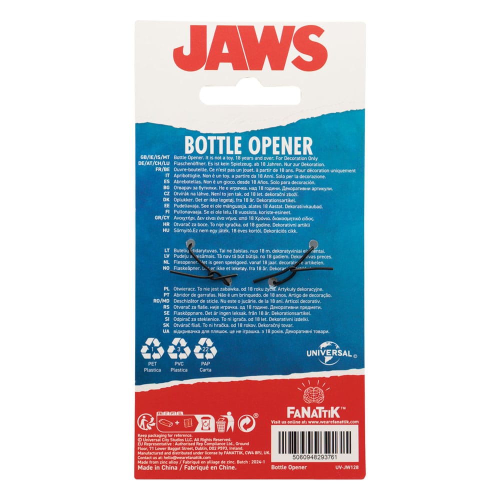 Ouvre-bouteille Jaws – Requins (Édition Limitée) – 87 x 70 mm. Design en forme de mâchoires de requin avec aimants au dos. Produit officiel Universal.