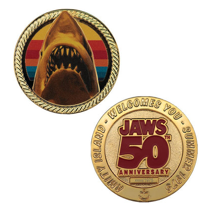 🟦 Réplique Métal – Gold Plated Presentation Coin – Les Dents de la Mer (50ᵉ Anniversaire) 🦈✨