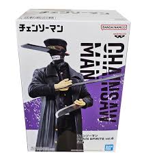 "Figurine Katana Man 19 cm – Chainsaw Man – Banpresto Chain Spirits Vol.1. Figurine détaillée représentant Katana Man avec son long manteau noir, son chapeau militaire et ses lames imposantes. Produit sous licence officielle Chainsaw Man."