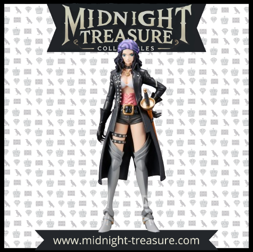 "Figurine Nico Robin 17 cm – One Piece – Banpresto DXF The Grandline Lady Vol.2. Figurine détaillée représentant Nico Robin dans sa tenue de samouraï à Wano, avec un long manteau noir, un corset rose et un turban violet. Produit sous licence officielle One Piece."