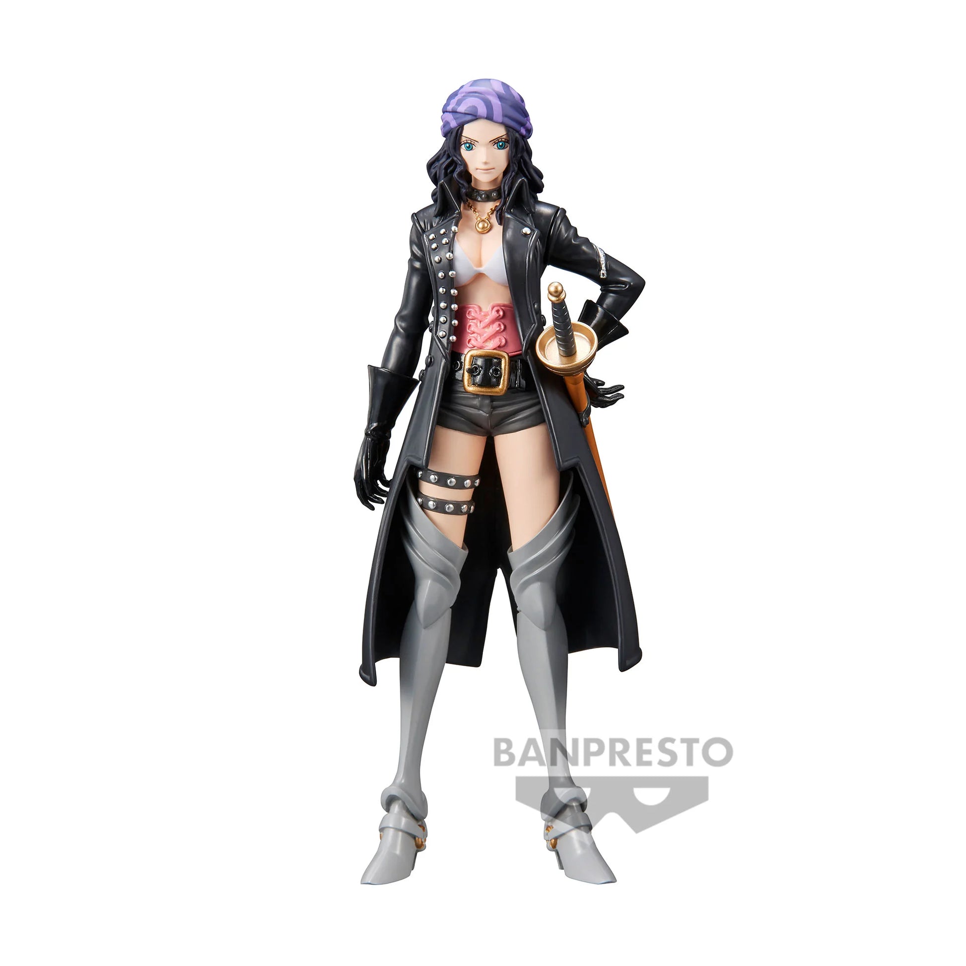 "Figurine Nico Robin 17 cm – One Piece – Banpresto DXF The Grandline Lady Vol.2. Figurine détaillée représentant Nico Robin dans sa tenue de samouraï à Wano, avec un long manteau noir, un corset rose et un turban violet. Produit sous licence officielle One Piece."