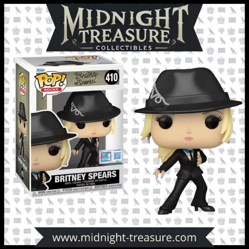 "Funko Pop! Britney Spears (410) – Me Against The Music. Figurine exclusive avec sticker Fall Convention NYCC 2024 – Limited Edition, représentant Britney dans sa tenue iconique du clip, avec un chapeau noir et une pose charismatique. Édition rare pour les fans de musique pop et les collectionneurs de Funko."