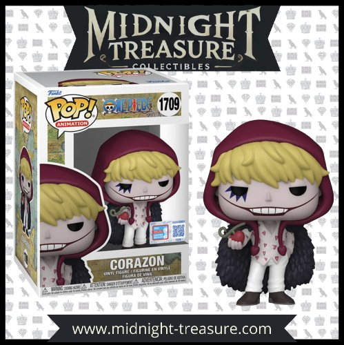 "Funko Pop! Corazon (1709) – One Piece. Figurine exclusive avec sticker Fall Convention NYCC 2024 – Limited Edition, représentant Corazon dans sa tenue emblématique avec capuche rouge et manteau noir à plumes. Édition rare pour les fans de One Piece et les collectionneurs de Funko."