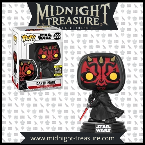 "Funko Pop! Star Wars – Darth Maul (299). Édition exclusive Galactic Convention 2019, représentant Darth Maul avec son sabre laser rouge et son design Sith iconique. Un must-have pour les fans de Star Wars !"

