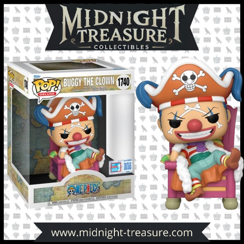 "Funko Pop! Deluxe Buggy The Clown (1740) – One Piece. Figurine exclusive Fall Convention NYCC 2024 représentant Buggy le Clown assis sur son trône pirate, avec des détails colorés et fidèles à l’univers de One Piece. Édition limitée pour les collectionneurs de figurines Funko."