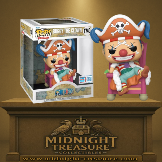 "Funko Pop! Deluxe Buggy The Clown (1740) – One Piece. Figurine exclusive Fall Convention NYCC 2024 représentant Buggy le Clown assis sur son trône pirate, avec des détails colorés et fidèles à l’univers de One Piece. Édition limitée pour les collectionneurs de figurines Funko."