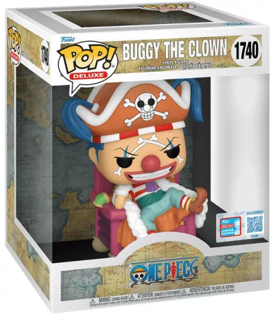 "Funko Pop! Deluxe Buggy The Clown (1740) – One Piece. Figurine exclusive Fall Convention NYCC 2024 représentant Buggy le Clown assis sur son trône pirate, avec des détails colorés et fidèles à l’univers de One Piece. Édition limitée pour les collectionneurs de figurines Funko."