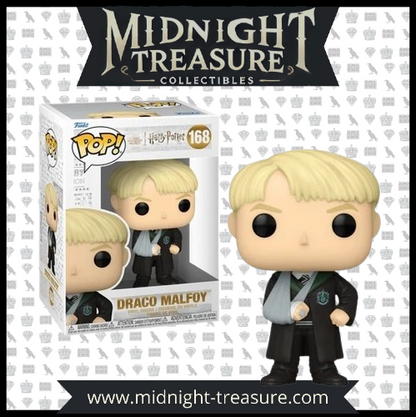 "Funko Pop! Draco Malfoy (168) – Édition exclusive Wizarding World de l’univers Harry Potter. Figurine en vinyle représentant Draco Malfoy en uniforme de Serpentard, avec sa baguette magique. Un incontournable pour les fans et les collectionneurs."