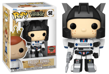 "Funko Pop! Freddy Funko as Jazz – Édition limitée Funtastic Voyage 2024, 3500 PCS Online Edition. Figurine en vinyle représentant Freddy Funko dans l’armure emblématique de Jazz de Transformers, avec des détails mécaniques, une pose dynamique et un blaster signature. Un must-have pour les collectionneurs de Funko et de Transformers."