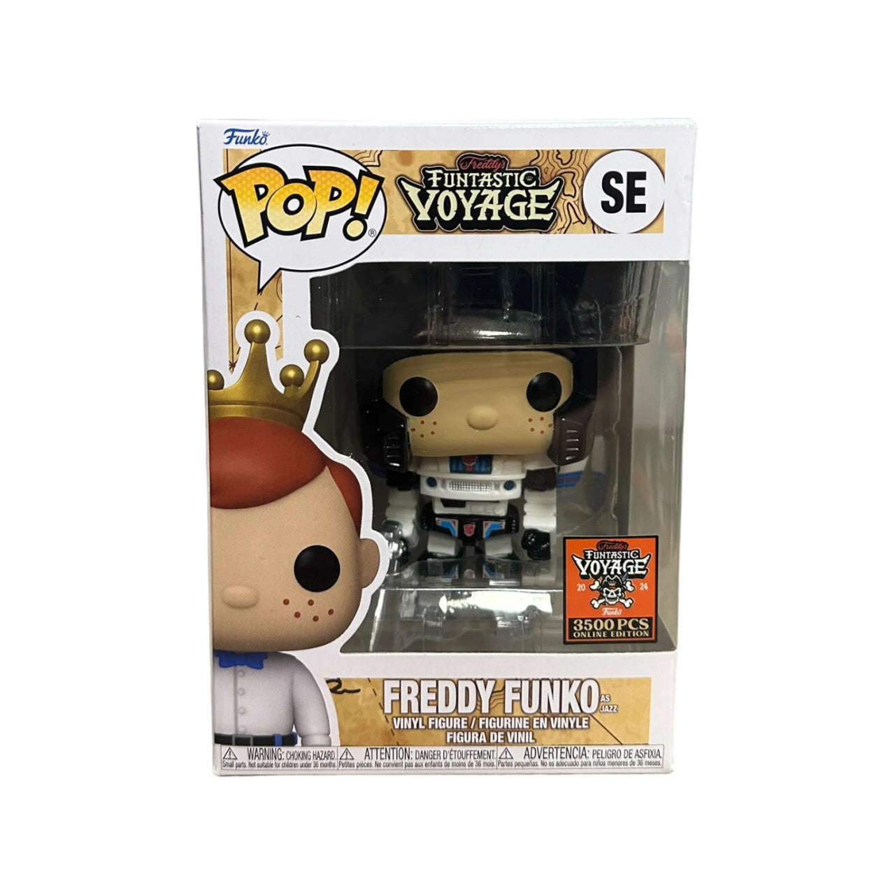 "Funko Pop! Freddy Funko as Jazz – Édition limitée Funtastic Voyage 2024, 3500 PCS Online Edition. Figurine en vinyle représentant Freddy Funko dans l’armure emblématique de Jazz de Transformers, avec des détails mécaniques, une pose dynamique et un blaster signature. Un must-have pour les collectionneurs de Funko et de Transformers."