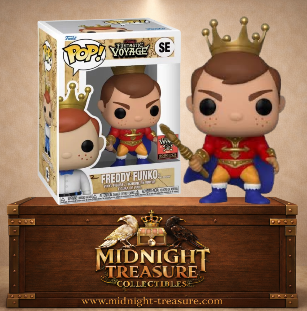 "Funko Pop! Freddy Funko as King Randor – Édition limitée Funtastic Voyage 2024, 2000 PCS Exclusive Edition. Figurine en vinyle représentant Freddy Funko sous les traits du roi Randor, avec une armure rouge et or, une cape et une couronne dorée. Un must-have pour les collectionneurs de Funko et de Masters of the Universe."