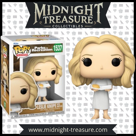 Funko Pop! Leslie Knope (1537) de Parks and Recreation, figurine représentant Leslie en robe de chambre blanche, tenant une assiette avec une gaufre recouverte de sirop.