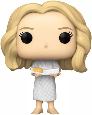 Funko Pop! Leslie Knope (1537) de Parks and Recreation, figurine représentant Leslie en robe de chambre blanche, tenant une assiette avec une gaufre recouverte de sirop.