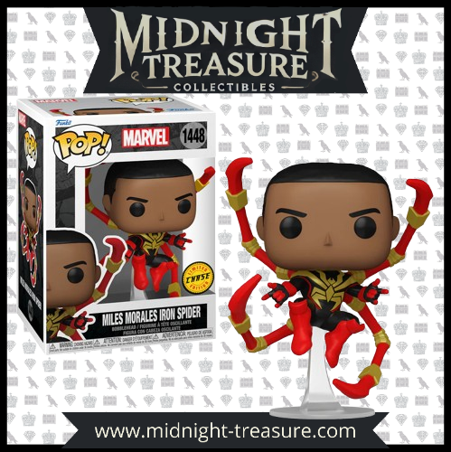 Image de la Funko Pop! Miles Morales Iron Spider (1448) – Chase Edition, représentant Miles Morales en armure Iron Spider avec quatre bras mécaniques rouges et dorés, inspirée de l’univers Marvel Comics. Figurine exclusive avec sticker Chase Edition.