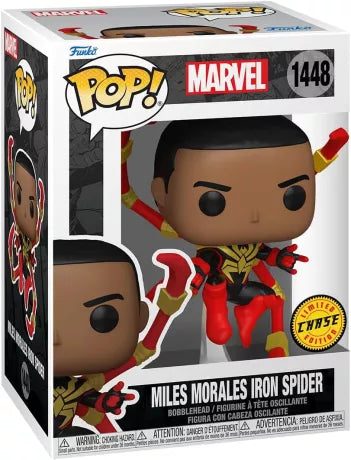 Image de la Funko Pop! Miles Morales Iron Spider (1448) – Chase Edition, représentant Miles Morales en armure Iron Spider avec quatre bras mécaniques rouges et dorés, inspirée de l’univers Marvel Comics. Figurine exclusive avec sticker Chase Edition.