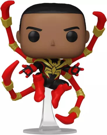 Image de la Funko Pop! Miles Morales Iron Spider (1448) – Chase Edition, représentant Miles Morales en armure Iron Spider avec quatre bras mécaniques rouges et dorés, inspirée de l’univers Marvel Comics. Figurine exclusive avec sticker Chase Edition.