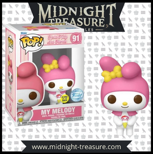 "Funko Pop! My Melody (91) – Hello Kitty and Friends. Figurine exclusive avec sticker Special Edition et effet Glow in the Dark, représentant My Melody avec son capuchon rose, un nœud jaune et un cornet de glace à la fraise. Édition rare pour les fans de Sanrio et les collectionneurs de Funko."