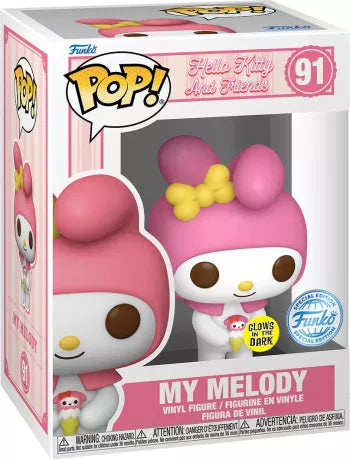 "Funko Pop! My Melody (91) – Hello Kitty and Friends. Figurine exclusive avec sticker Special Edition et effet Glow in the Dark, représentant My Melody avec son capuchon rose, un nœud jaune et un cornet de glace à la fraise. Édition rare pour les fans de Sanrio et les collectionneurs de Funko."