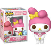 "Funko Pop! My Melody (91) – Hello Kitty and Friends. Figurine exclusive avec sticker Special Edition et effet Glow in the Dark, représentant My Melody avec son capuchon rose, un nœud jaune et un cornet de glace à la fraise. Édition rare pour les fans de Sanrio et les collectionneurs de Funko."