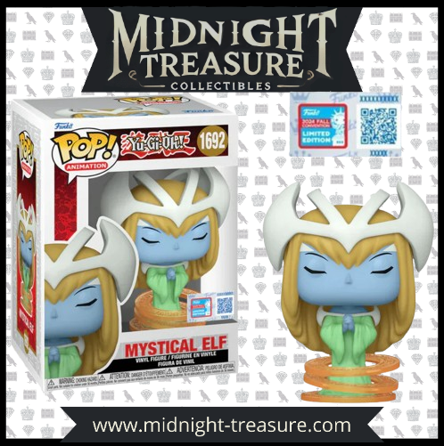 "Funko Pop! Mystical Elf (1692) – Yu-Gi-Oh! Figurine exclusive avec sticker Fall Convention NYCC 2024 – Limited Edition, représentant l’Elfe Mystique en pleine méditation. Édition limitée pour les fans de Yu-Gi-Oh! et les collectionneurs de Funko."